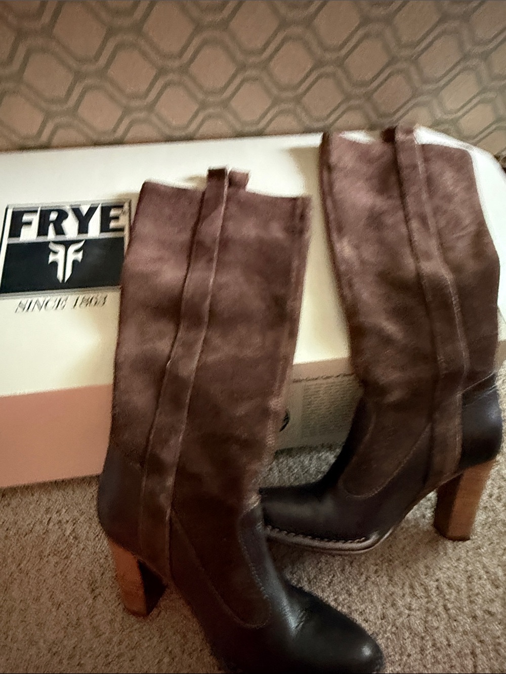 Frye Two-Tone Brown Leather and Suede Mid-Calf Heeled Boots